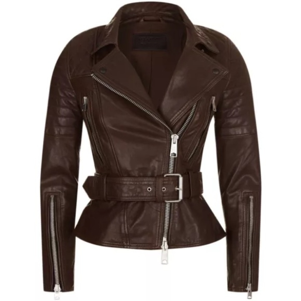 All Saints BRYDEN Belted Oxblood Leather Moto Jacket UK 8 / US 4